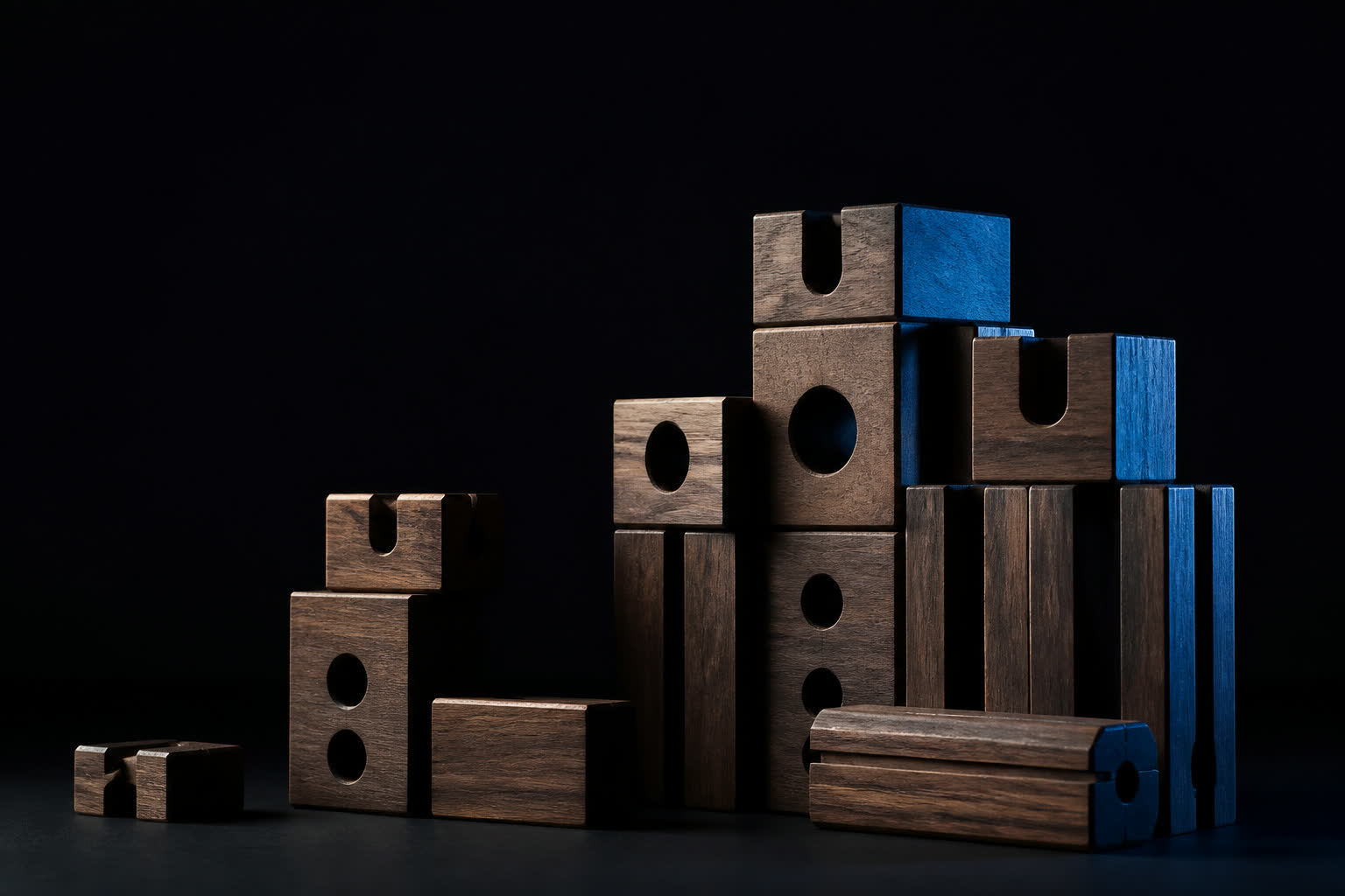 Stacked modular wooden blocks with a precise blue edge light