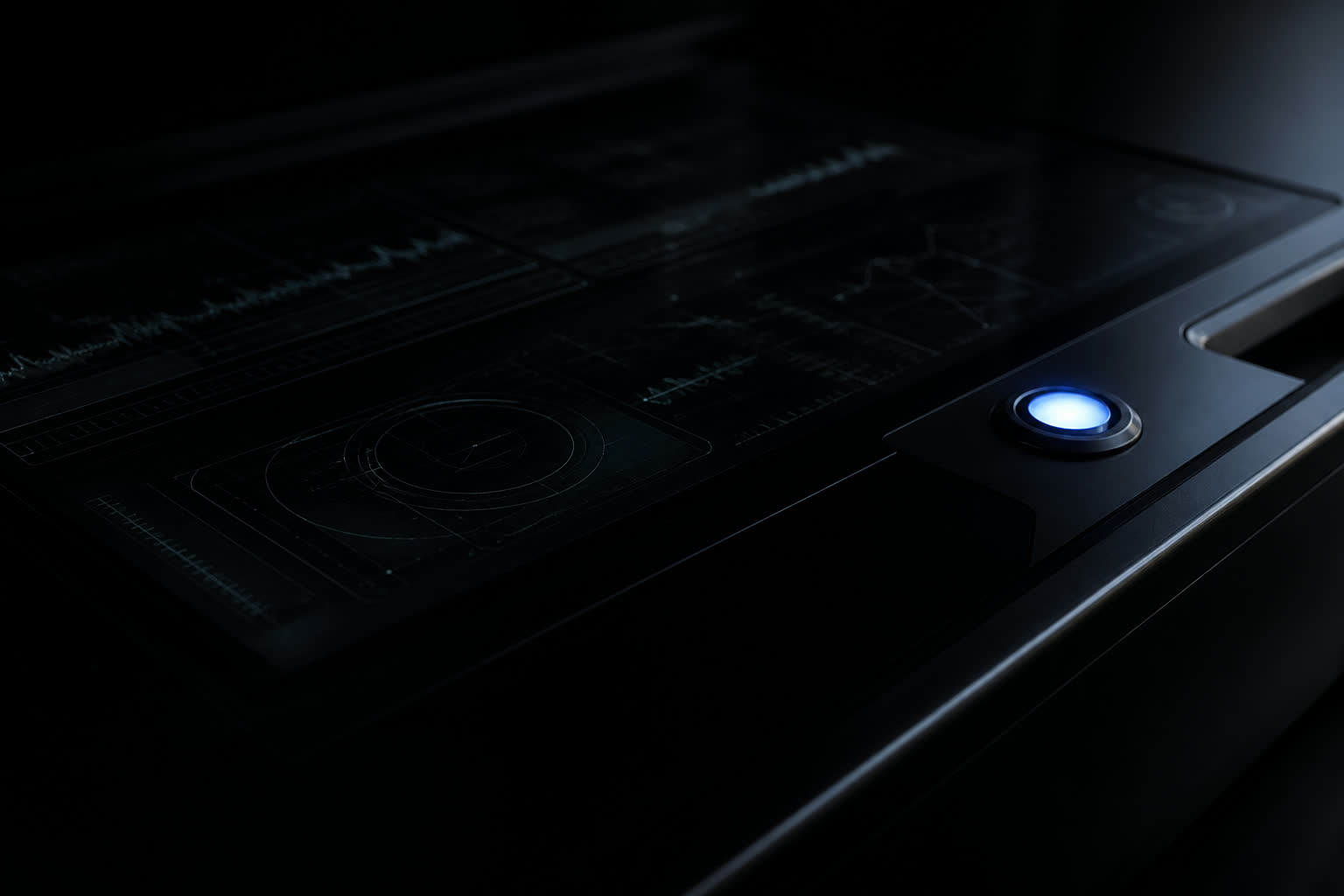 Dark control room glass with faint telemetry traces and a single accent-blue status lamp