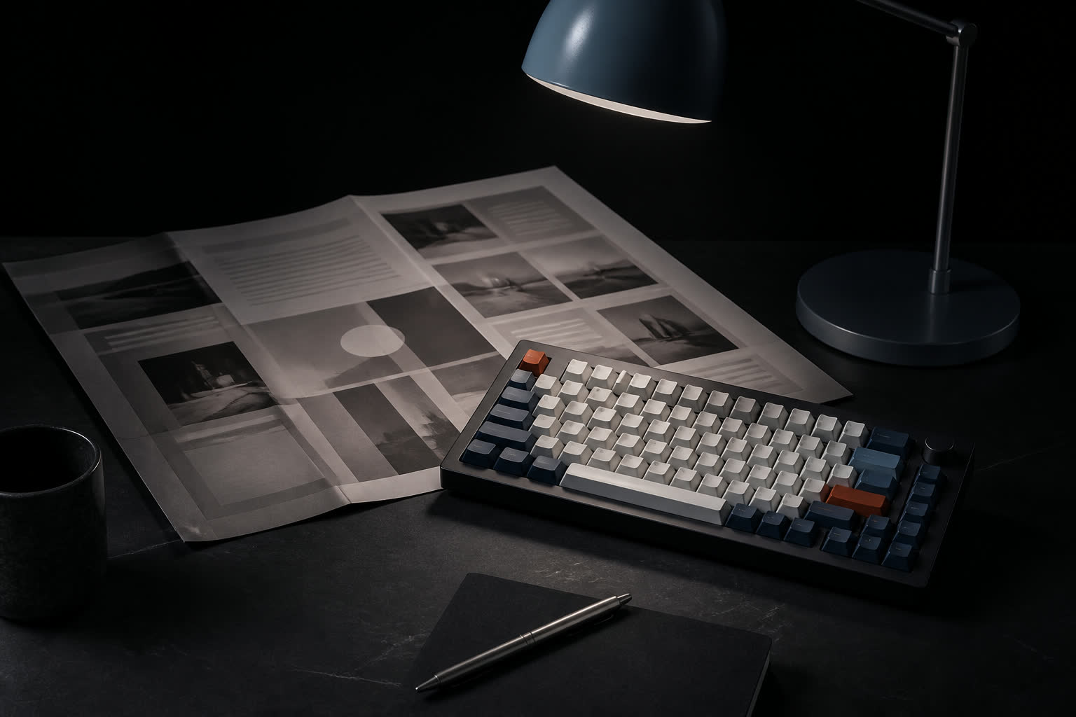 A dark keyboard and print-layout sheet under a steel-blue lamp