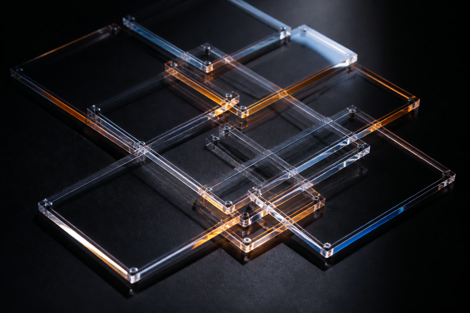 Overlapping translucent frames on a dark table forming a precise grid