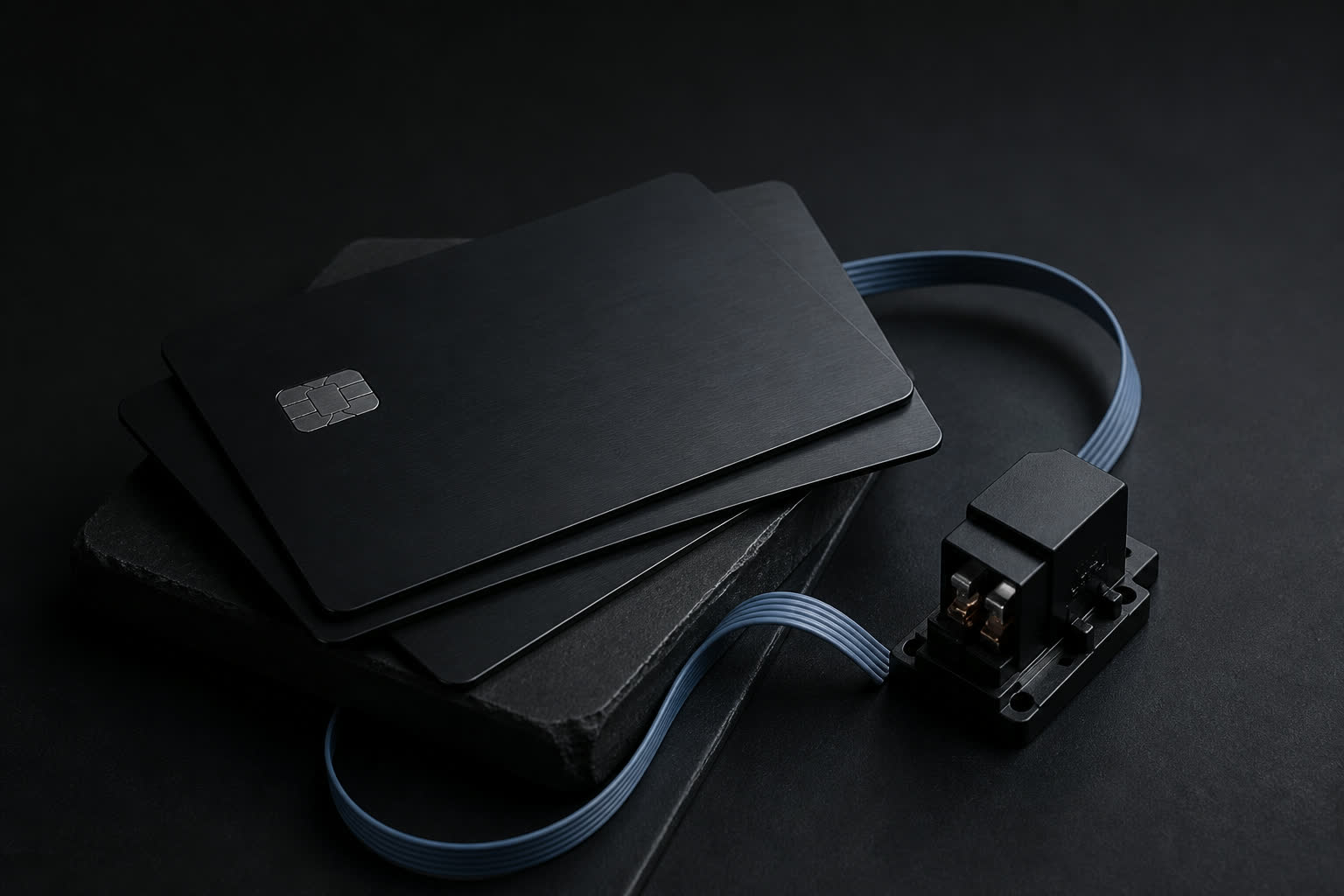 Stacked dark card plates and a relay module with a thin blue ribbon cable
