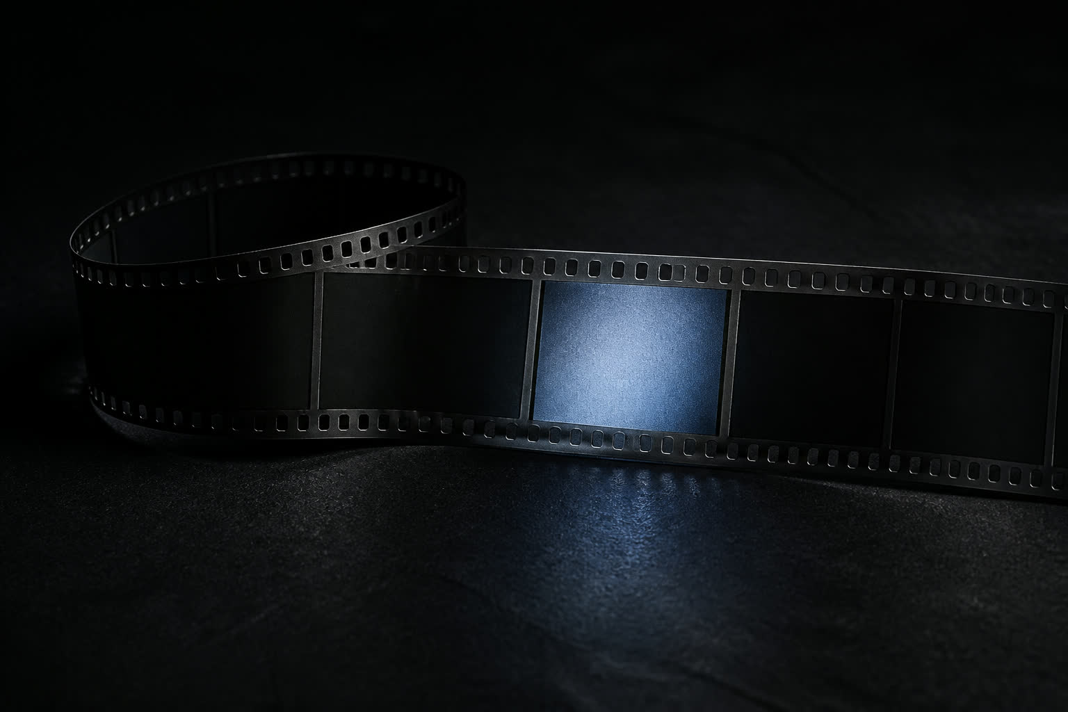 A long dark film strip of sequential frames with one frame lit blue