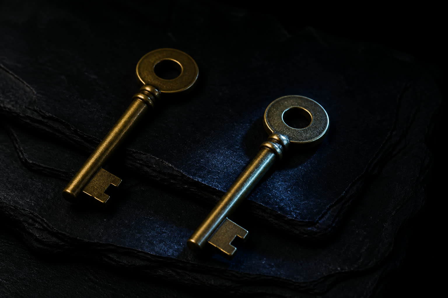 Two identical brass keys on a dark slate, one catching a thin blue highlight