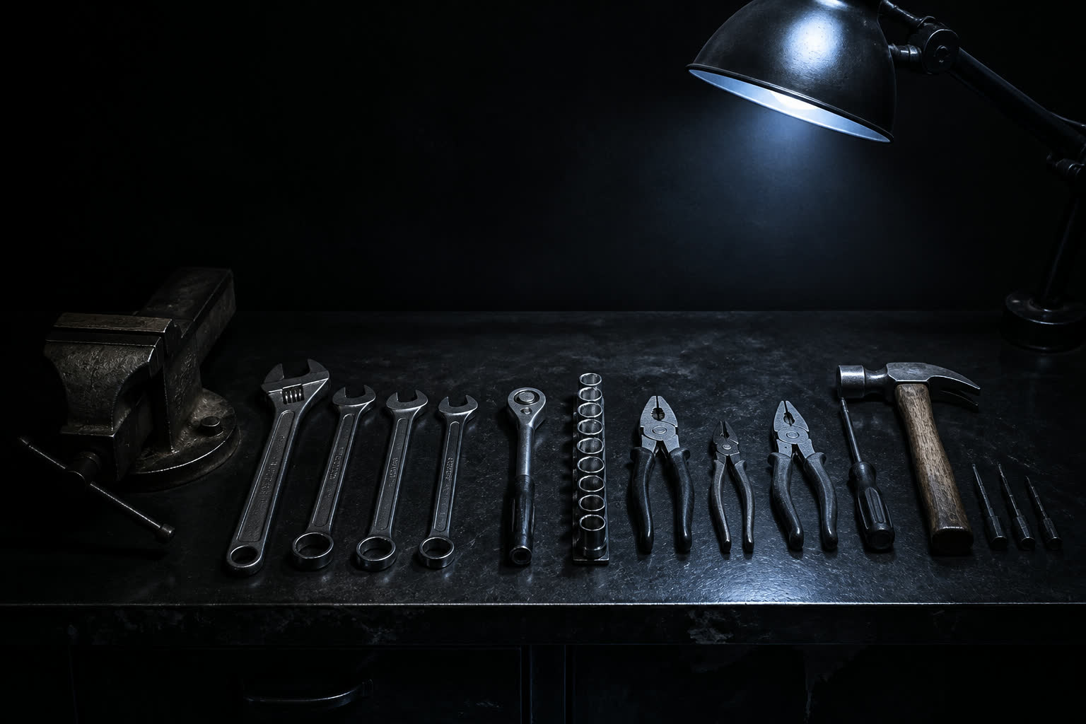 A dark workshop bench with aligned metal tools and a single blue work light