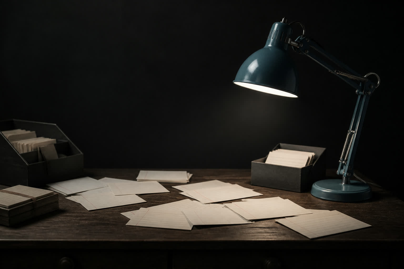 Scattered paper indices and a focused blue reading lamp over a dark desk