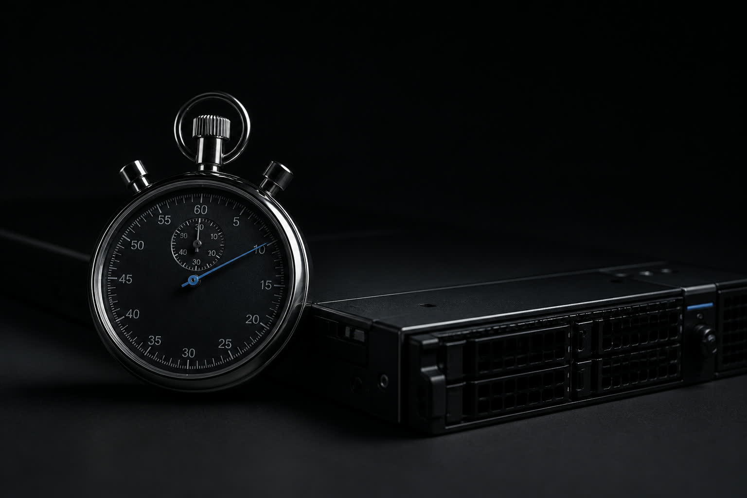 A stopwatch and a thin server blade on black, with a blue second-hand highlight
