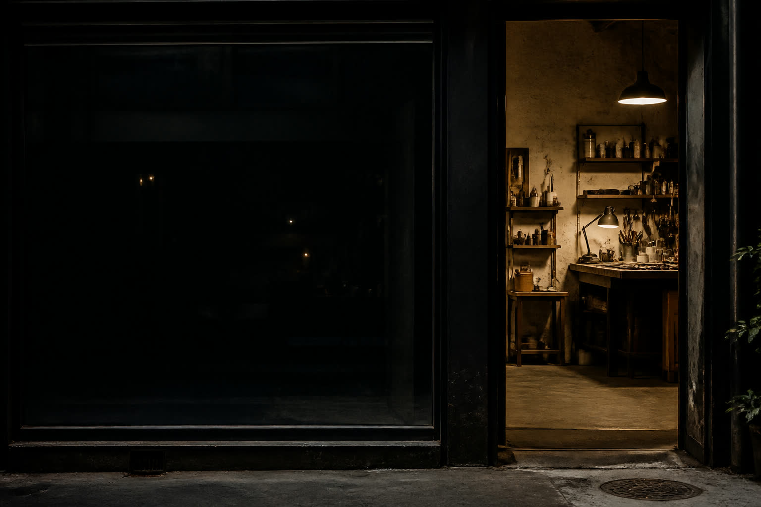 A split dark interior: empty storefront glass on one side, a lit workshop on the other