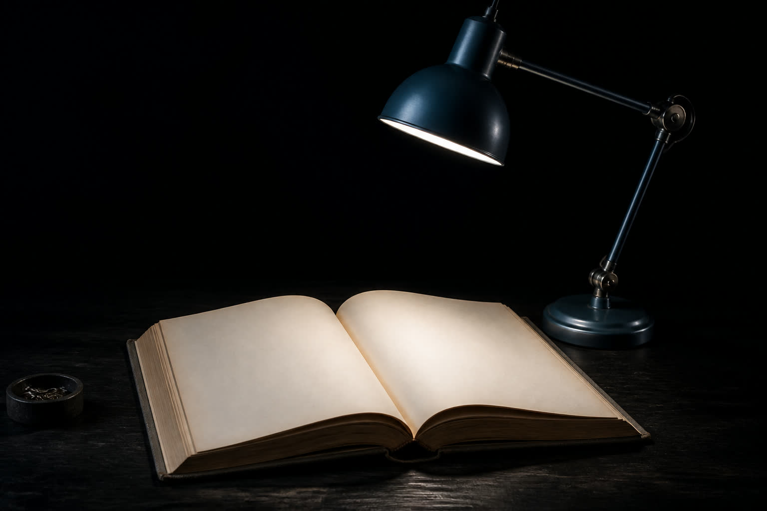 A dark ledger book open under a precise blue desk lamp