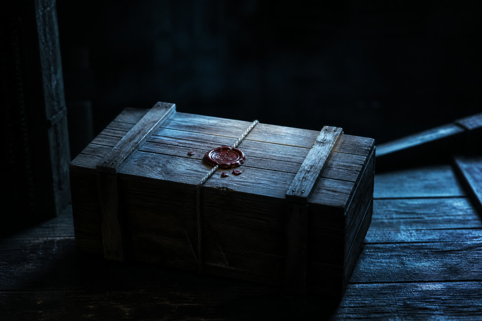 A sealed crate on a dark loading dock with a broken seal catching blue light
