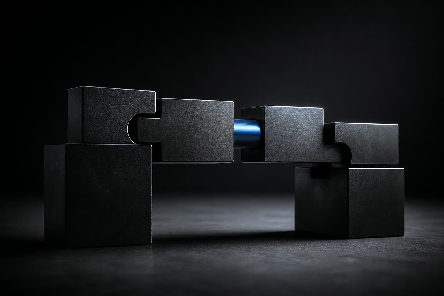 Interlocking dark geometric blocks forming a bridge, with a blue connecting pin