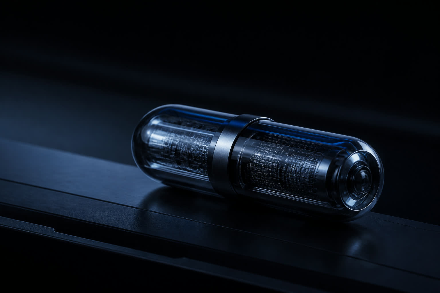A sealed glass capsule on a dark bench with circuitry faintly visible inside