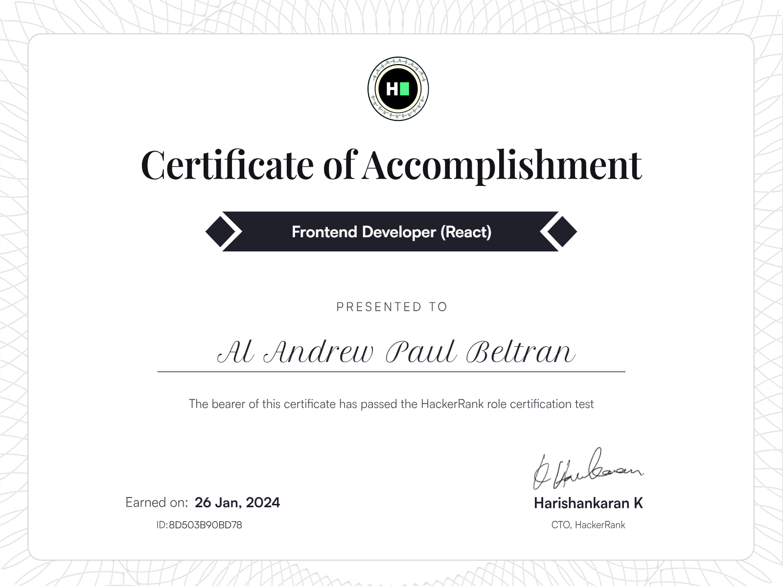 HackerRank Frontend Developer (React) role certificate presented to Al Andrew Paul Beltran