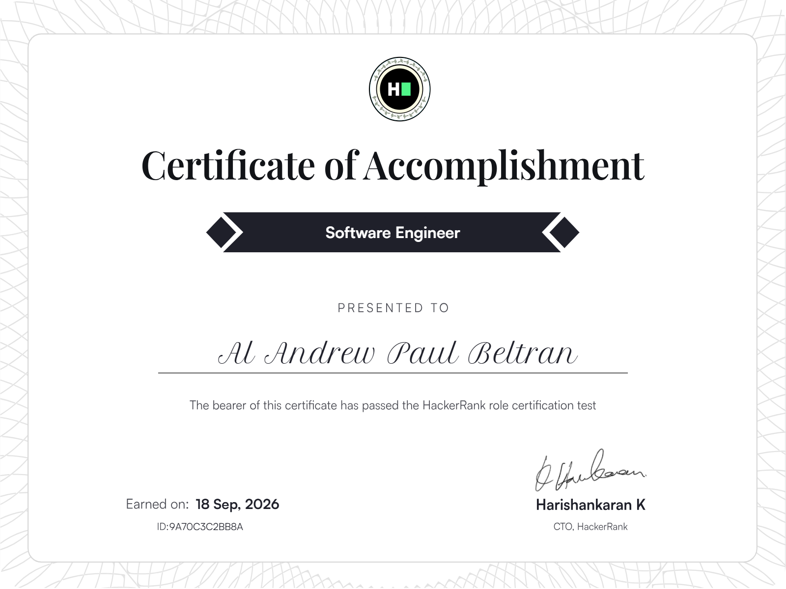 HackerRank Software Engineer role certificate presented to Al Andrew Paul Beltran