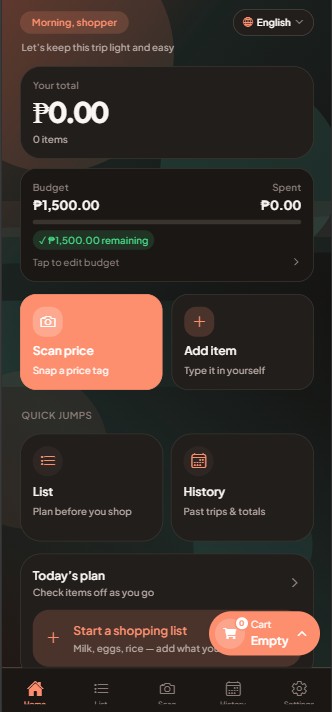 Cartify home — budget, scan price, and add item