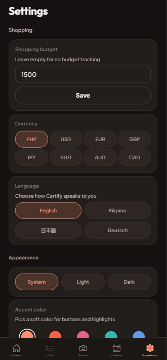 Cartify settings — budget, currency, language, and appearance