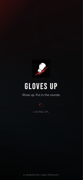 Gloves Up splash screen — boxing glove mark and Lacing up