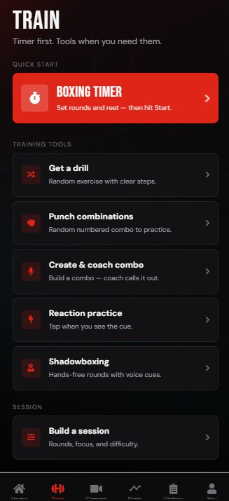 Gloves Up train tools — boxing timer, drills, punch combinations, and session builder