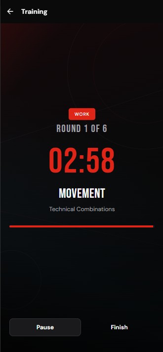 Gloves Up training timer — 2:58 remaining on technical combinations