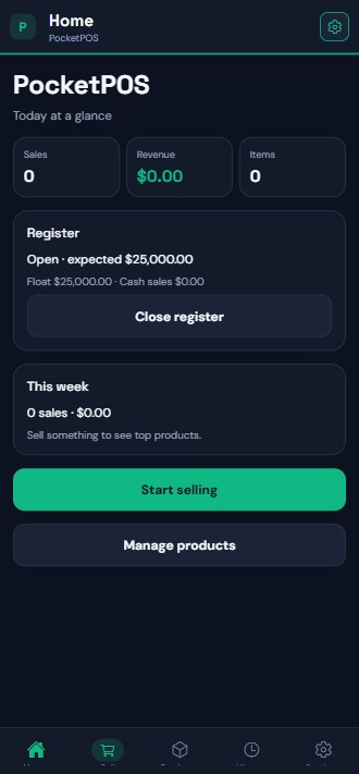PocketPOS home — today at a glance, register, and start selling