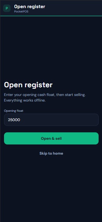PocketPOS open register — opening cash float and open & sell