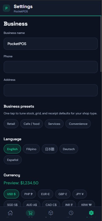 PocketPOS settings — business, language, and currency