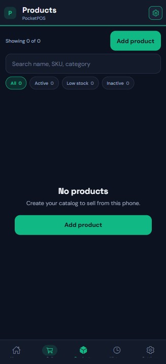 PocketPOS products — empty catalog and add product